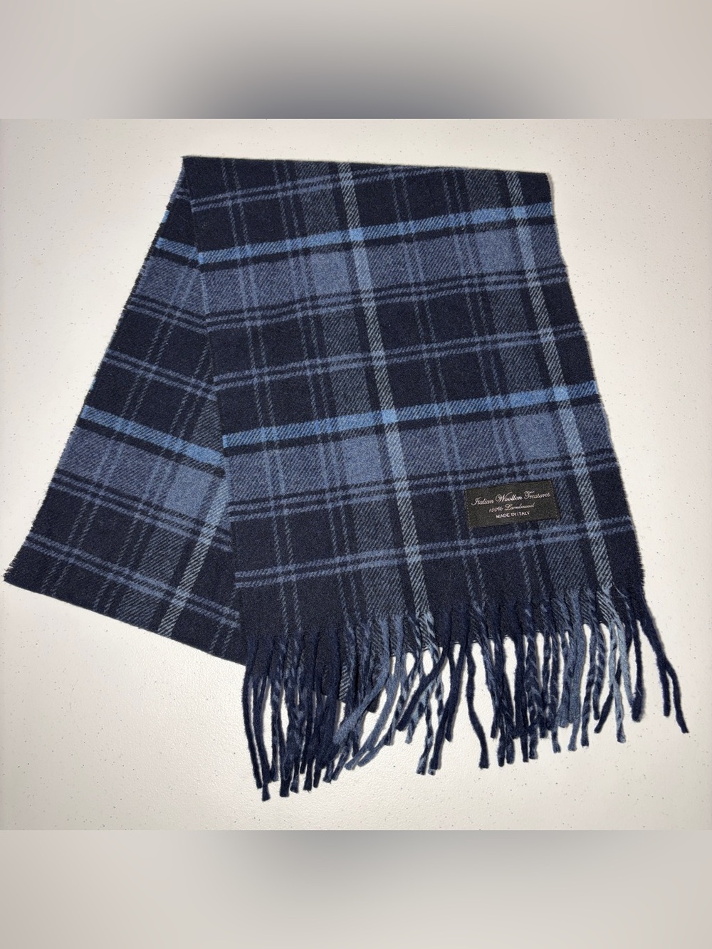 Italian Woollen Treasures Lambswool Blue Plaid Fringe Scarf Made in Italy